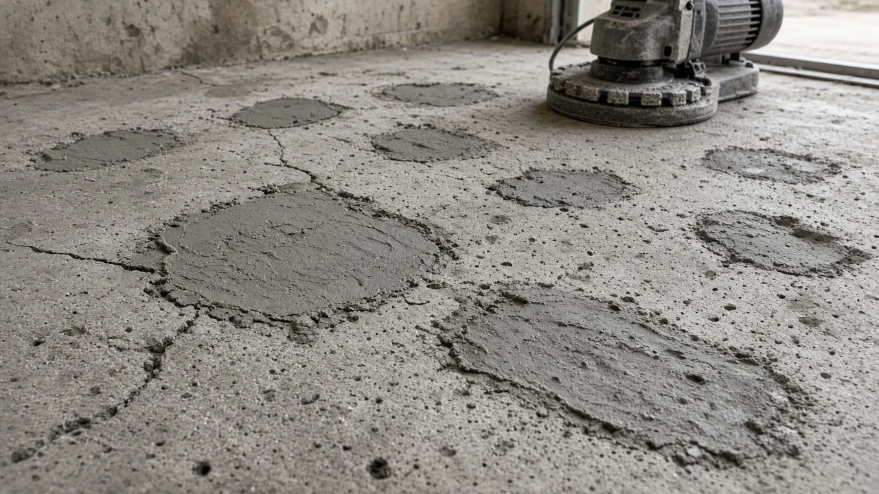 Concrete garage slab with gray patched repairs over pits and spalled areas next to a diamond floor grinder