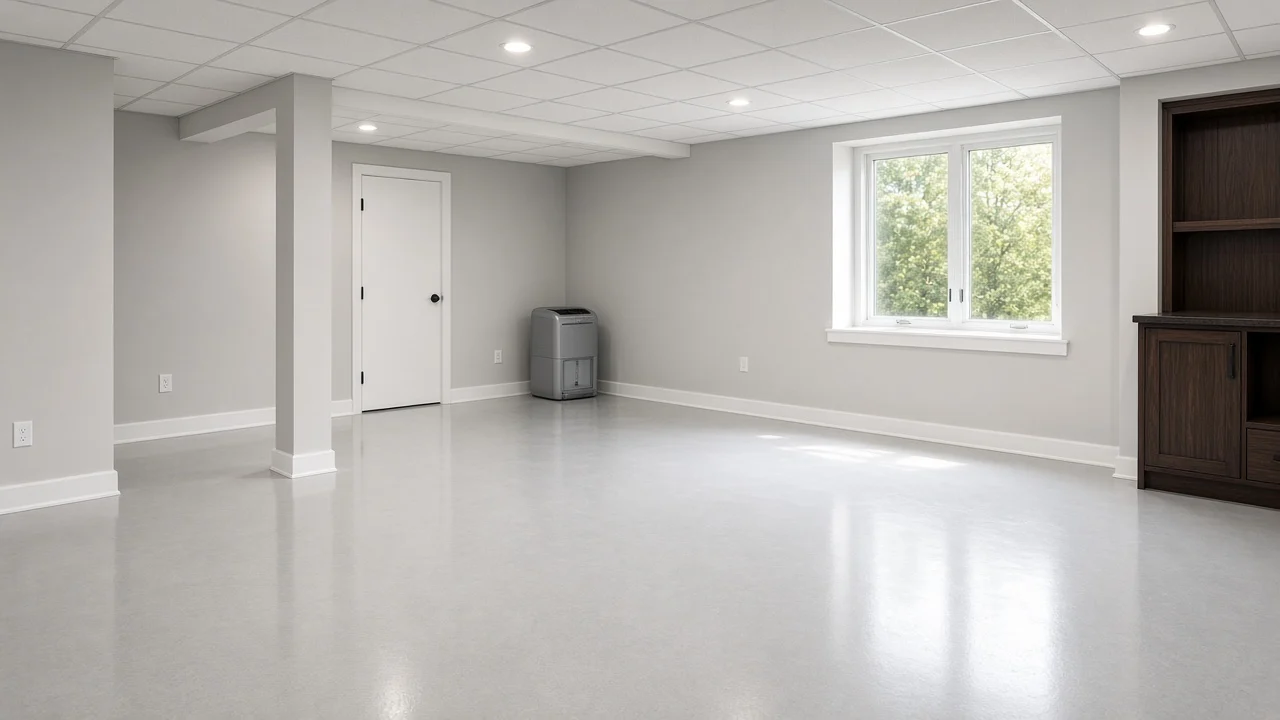 Bright room with a seamless glossy light gray epoxy floor, a window and a dehumidifier running near the wall