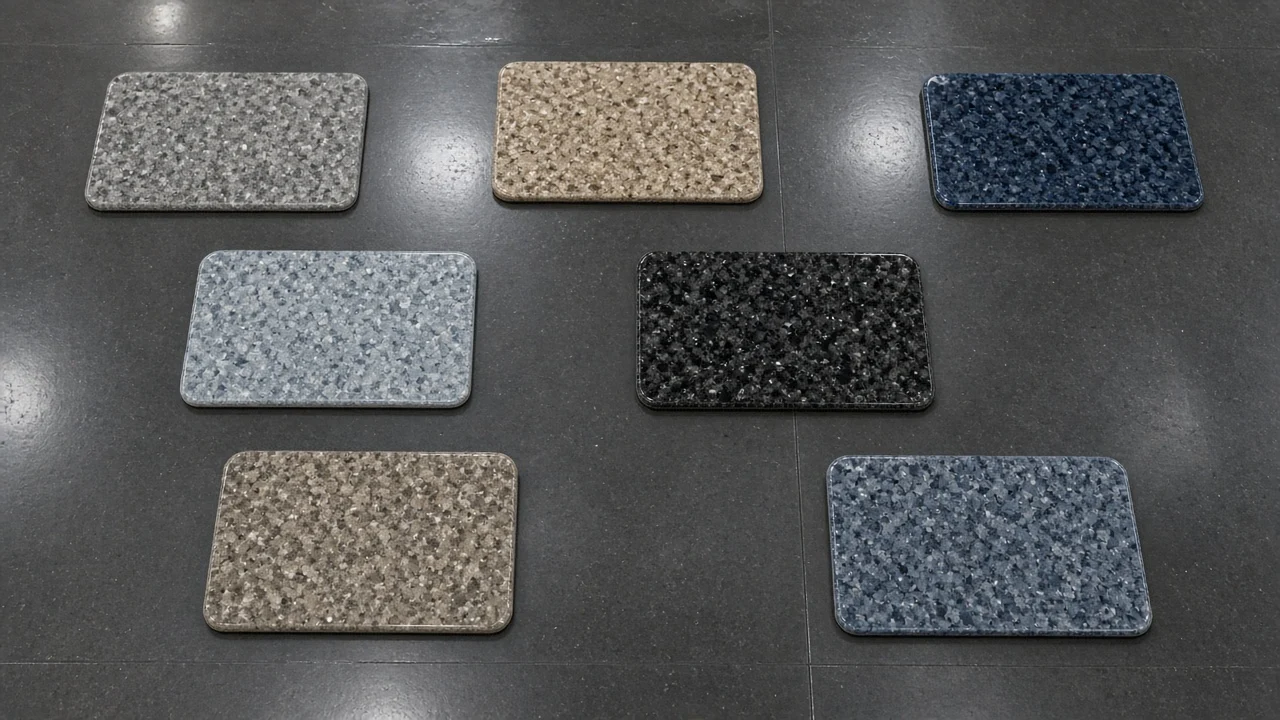 Eight decorative flake color blend sample chips in grays, tans, blues and black laid out on a garage floor