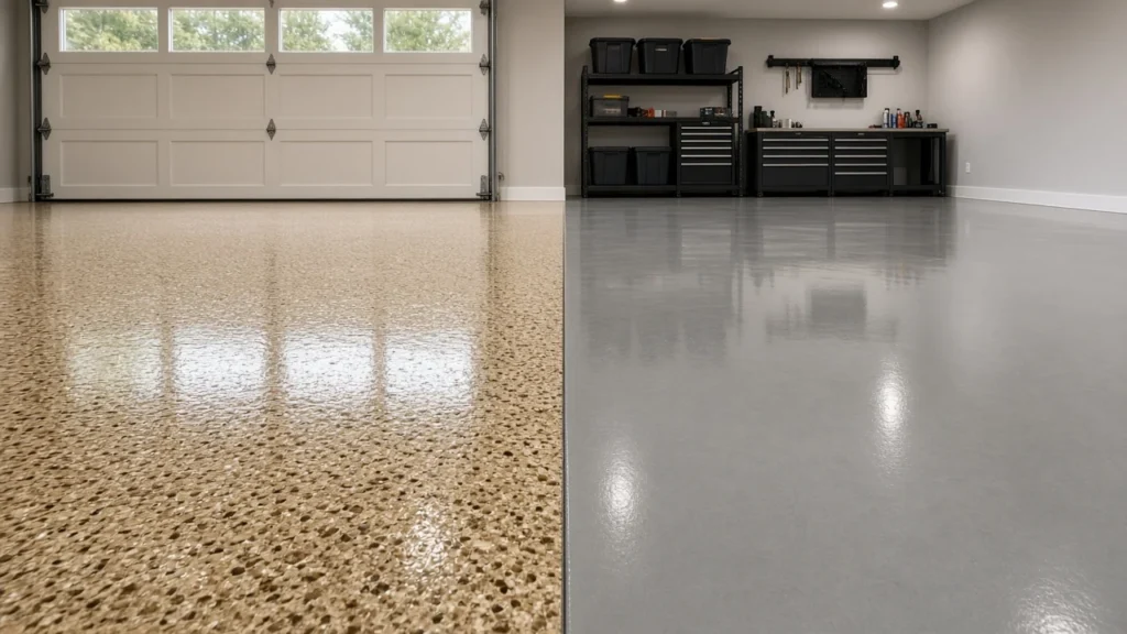 Split view of a glossy tan flake polyaspartic garage floor beside a smooth solid gray epoxy garage floor