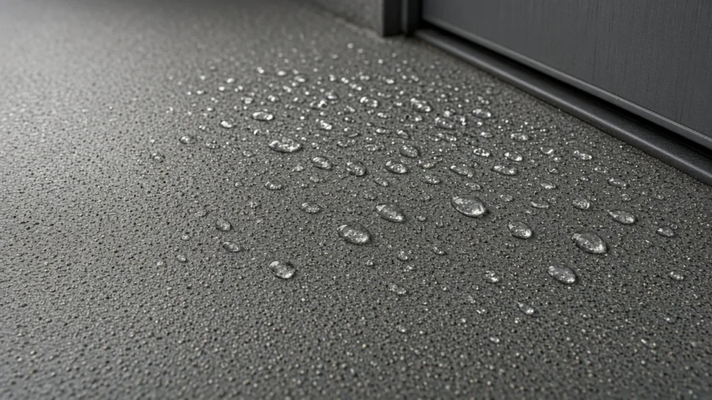 Close-up of water droplets beading on a textured anti-slip epoxy floor coating