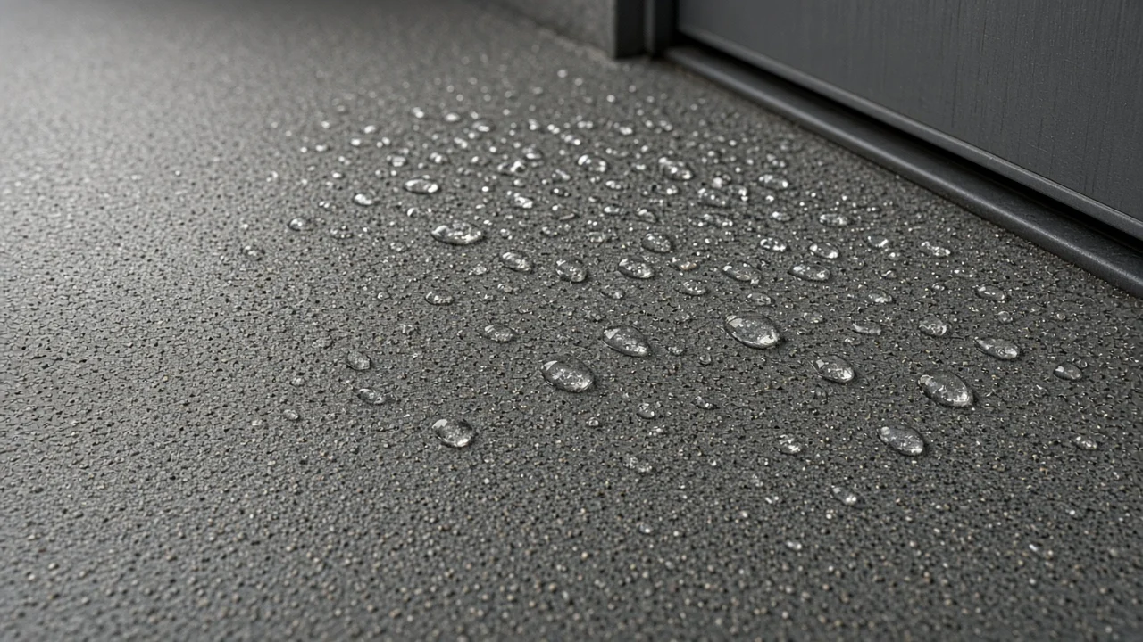 Close-up of water droplets beading on a textured anti-slip epoxy floor coating