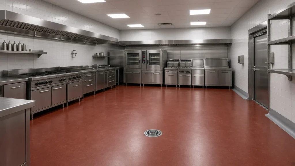 Empty commercial kitchen with stainless steel equipment and a seamless red resinous floor sloped to a floor drain