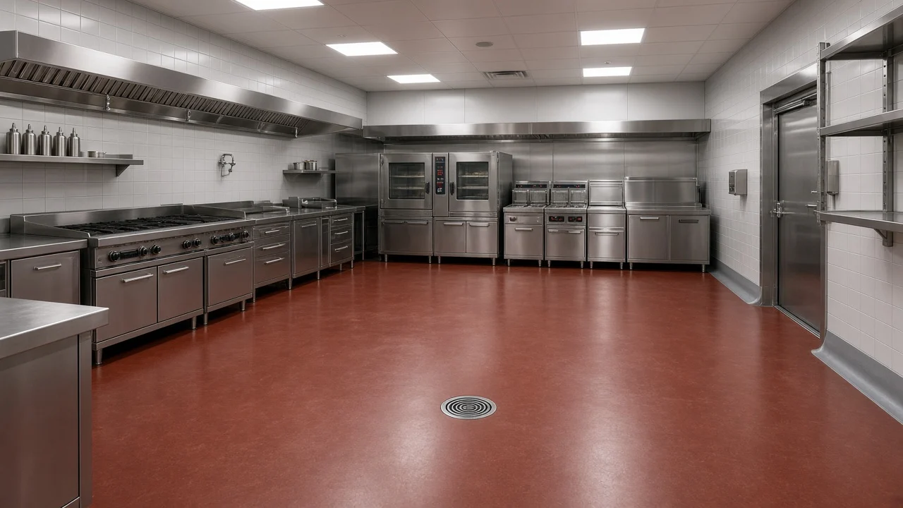 Empty commercial kitchen with stainless steel equipment and a seamless red resinous floor sloped to a floor drain