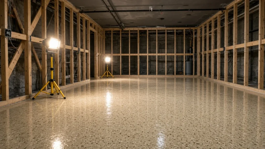Unfinished basement with open wood stud framing and a freshly coated glossy flake epoxy floor lit by work lights