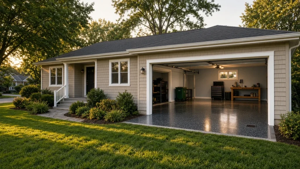 Single-story home on a sunny late-summer evening with the garage door open showing a glossy coated garage floor