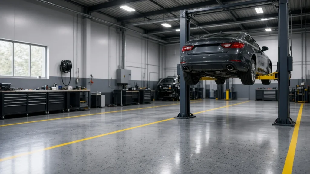 Auto repair shop with a car raised on a lift, tool chests and a light gray epoxy floor with yellow safety lines