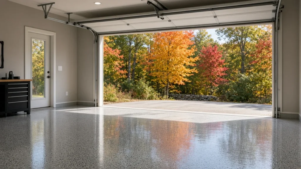 Glossy gray epoxy garage floor with the garage door open to bright orange and red fall foliage