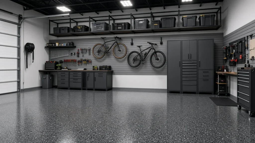 Organized garage with wall-mounted bikes, overhead storage racks, tool cabinets and a glossy gray flake epoxy floor