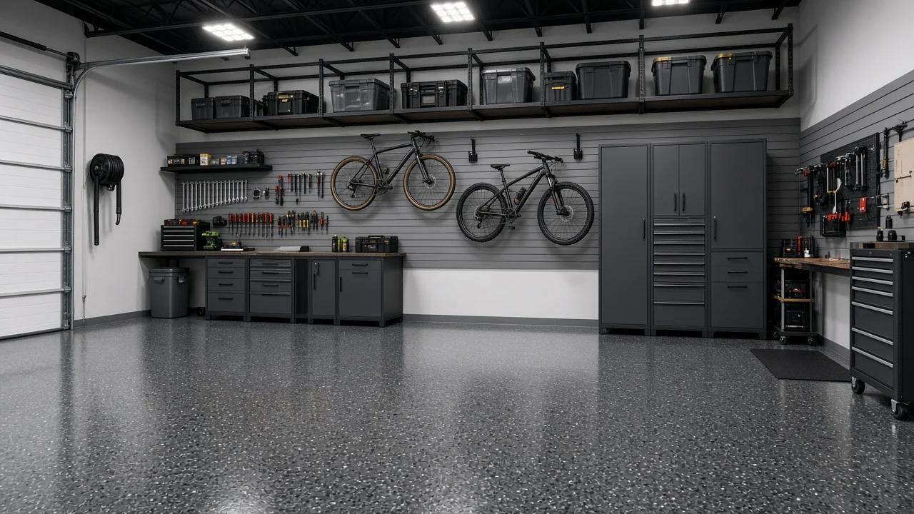 Organized garage with wall-mounted bikes, overhead storage racks, tool cabinets and a glossy gray flake epoxy floor