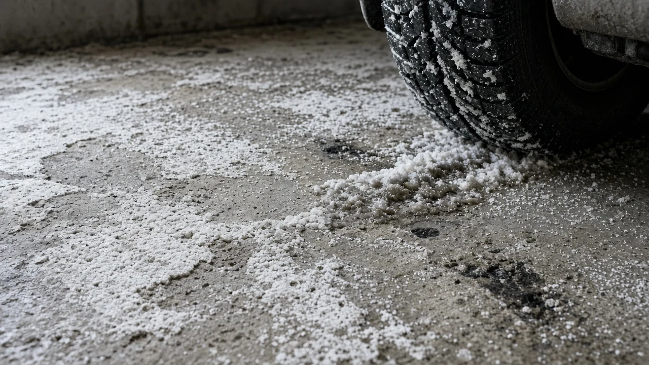 Close-up of road salt and slush on bare concrete beside a car tire, showing salt residue and surface wear