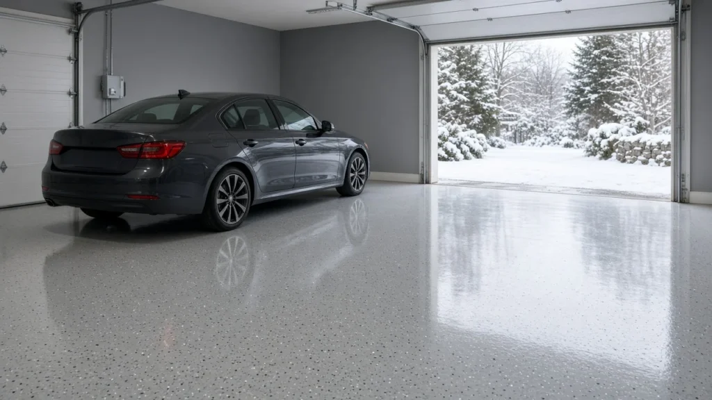 Car parked on a seamless glossy light gray epoxy garage floor with snow visible outside the open garage door