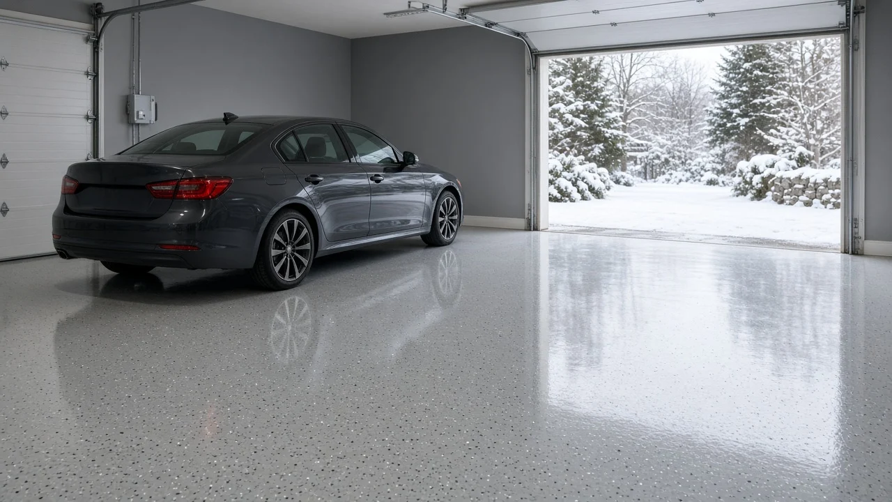 Car parked on a seamless glossy light gray epoxy garage floor with snow visible outside the open garage door