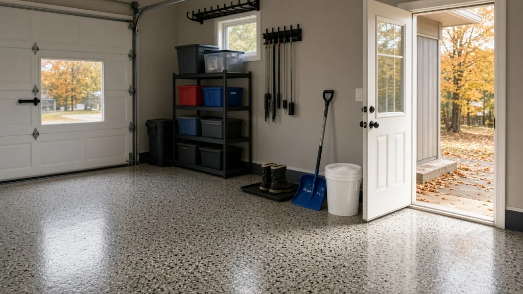 Garage with a flake epoxy floor, storage shelving, a snow shovel, boots and a door open to autumn leaves