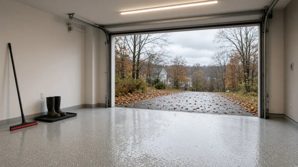 Open garage with a glossy gray flake epoxy floor showing a wet sheen, a floor squeegee and rubber boots on a tray, and wet autumn leaves on the driveway outside