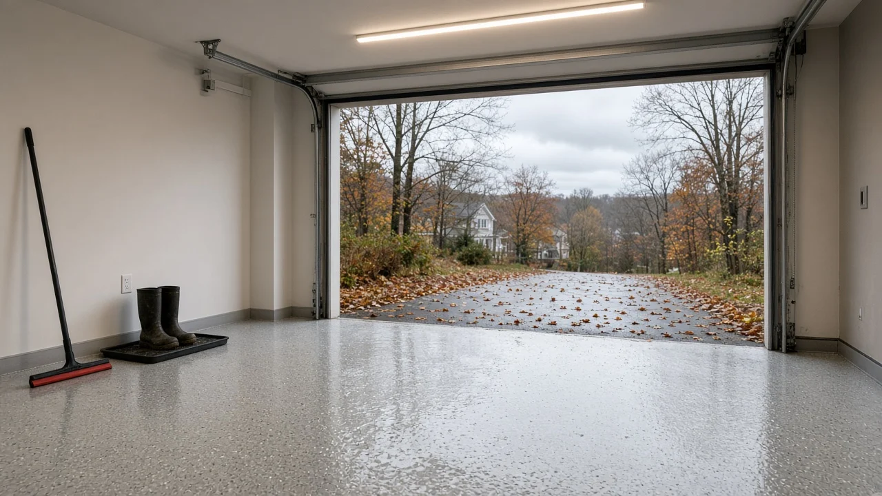 Open garage with a glossy gray flake epoxy floor showing a wet sheen, a floor squeegee and rubber boots on a tray, and wet autumn leaves on the driveway outside