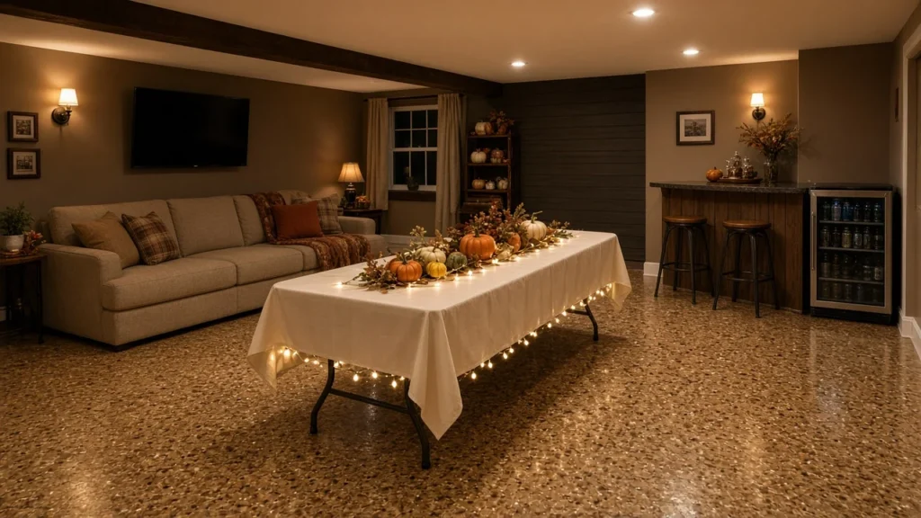 Finished basement with a warm tan flake epoxy floor, a long table with a cream tablecloth and pumpkin centerpiece, a sofa, a small bar and a beverage fridge