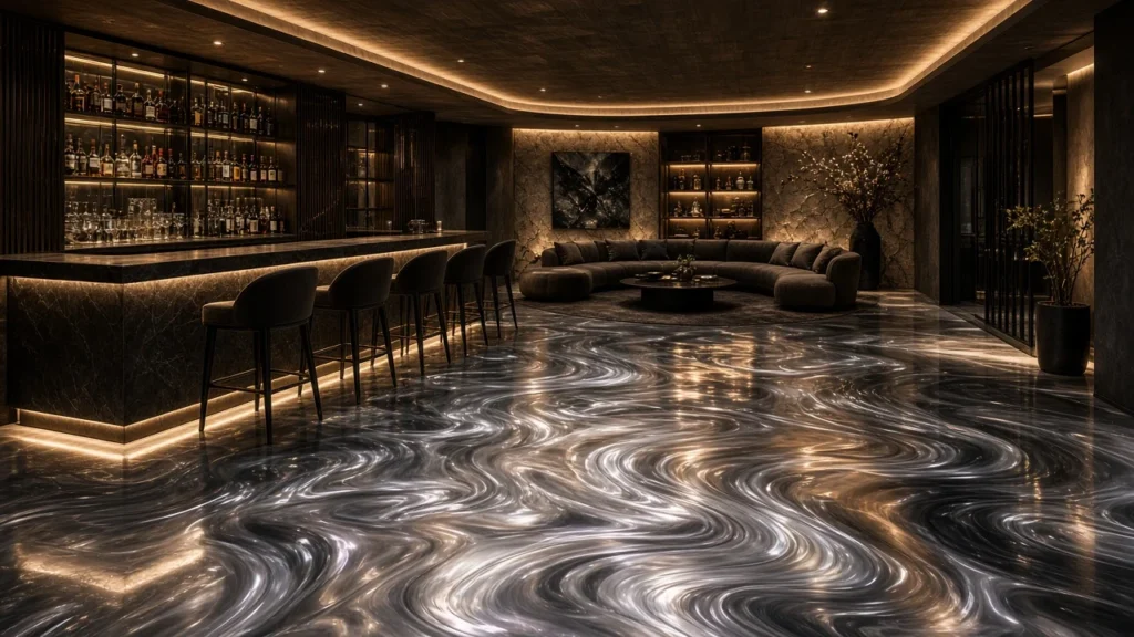 Basement bar and lounge with a swirling black, white and silver metallic epoxy floor under warm lighting